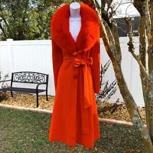 Orange Faux Fur Collar Maxi Wrap Coat – Glam Winter Statement – Size Large